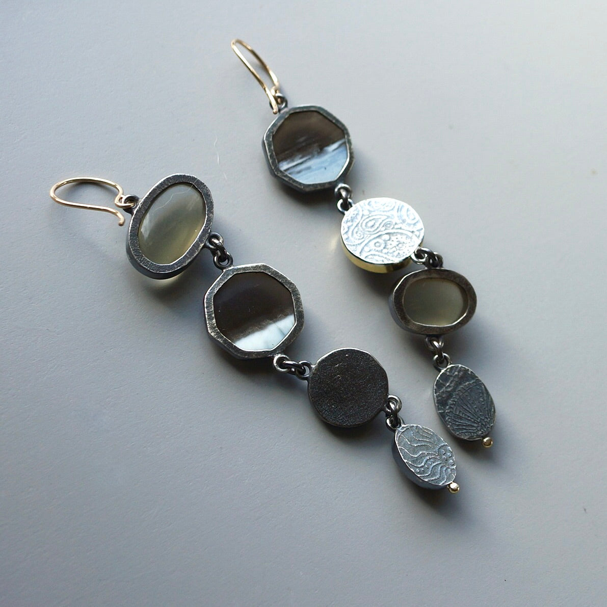 Blue opal, smokey quartz, green moonstone and agate earrings
