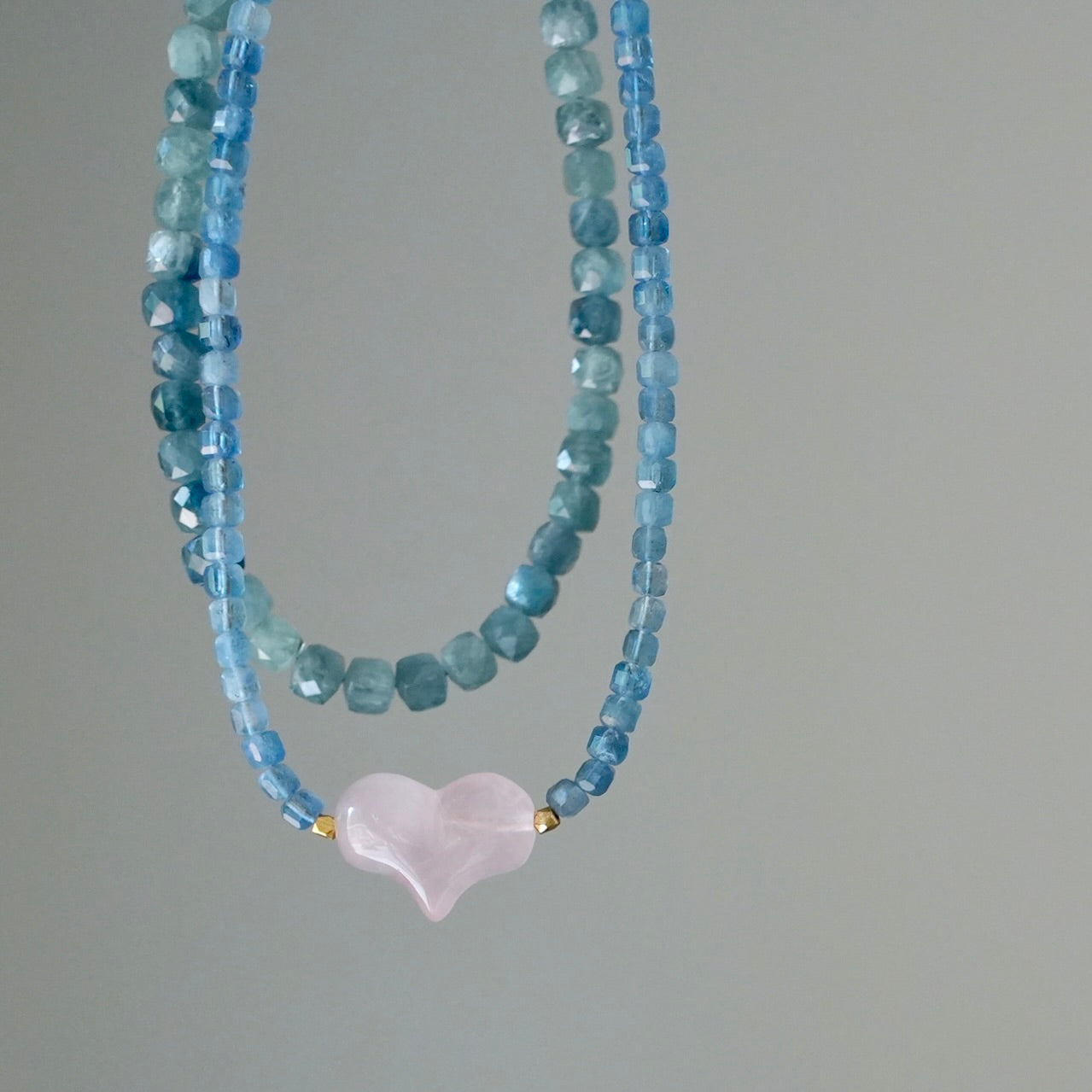 Aquamarine and rose quartz heart necklace