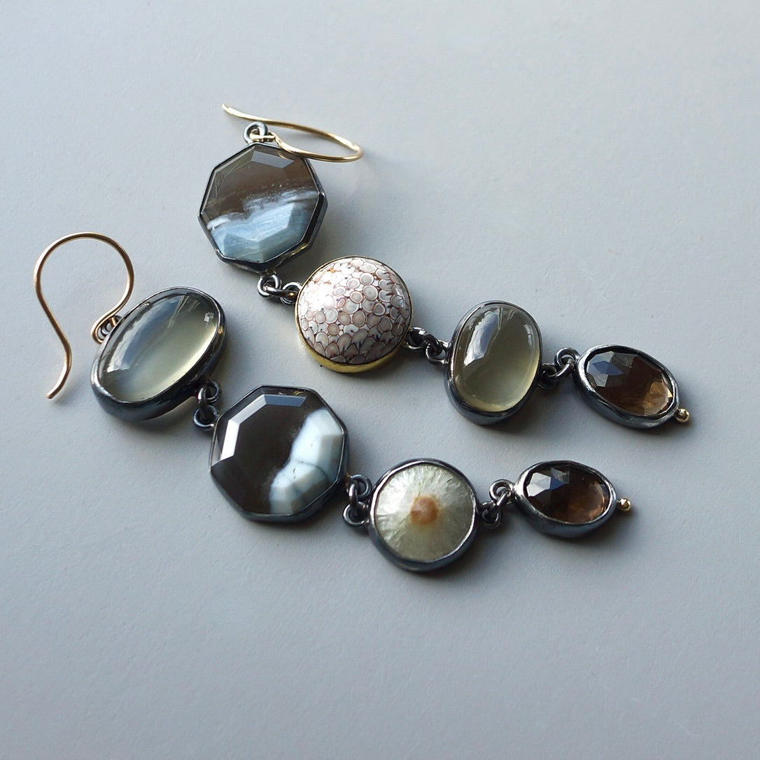 Blue opal, smokey quartz, green moonstone and agate earrings