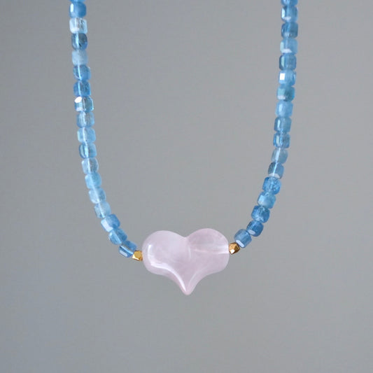 Aquamarine and rose quartz heart necklace
