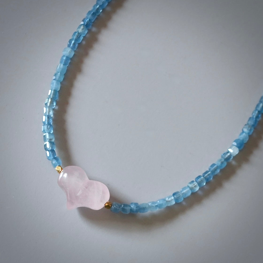 Aquamarine and rose quartz heart necklace