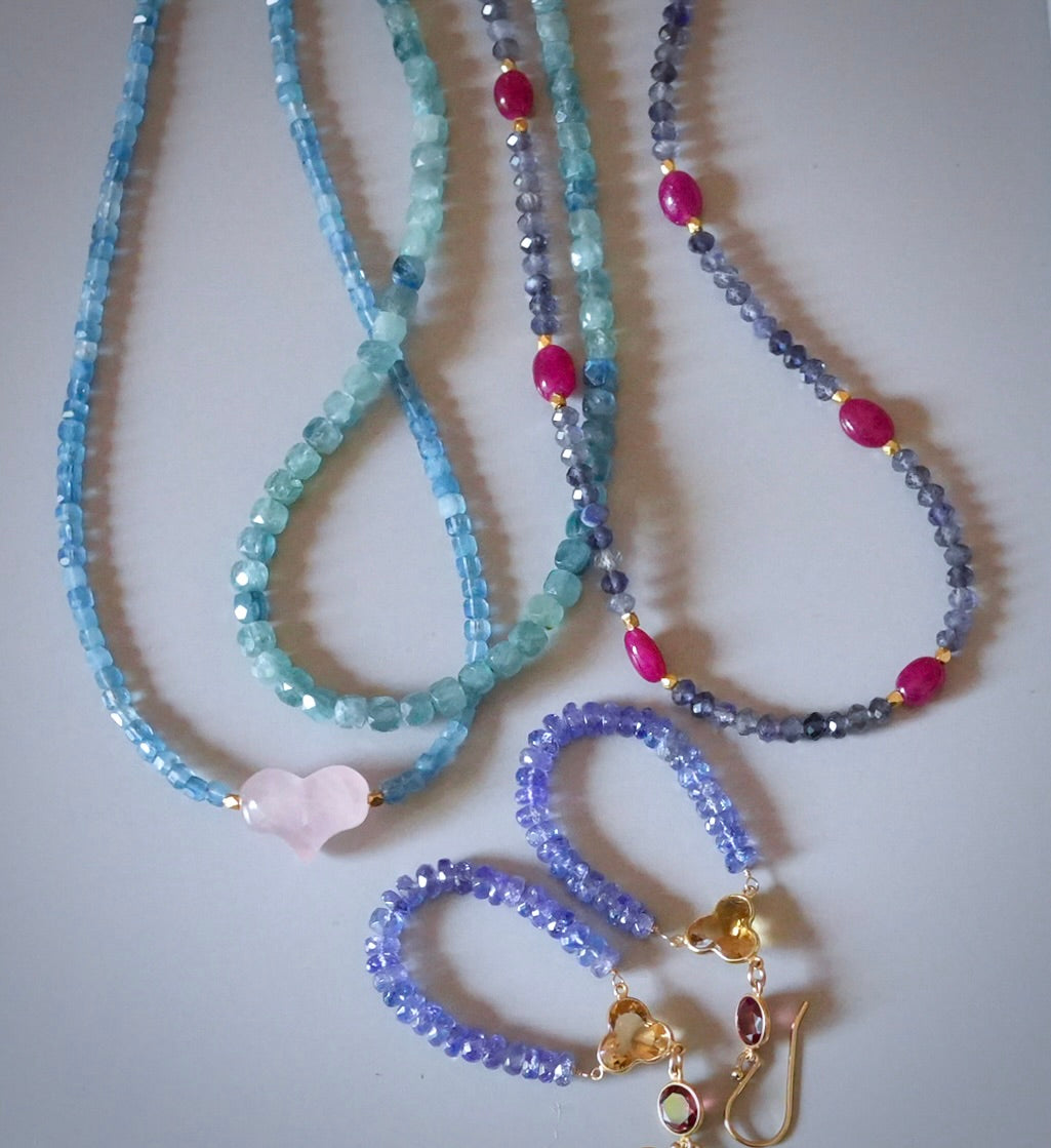 Aquamarine and rose quartz heart necklace