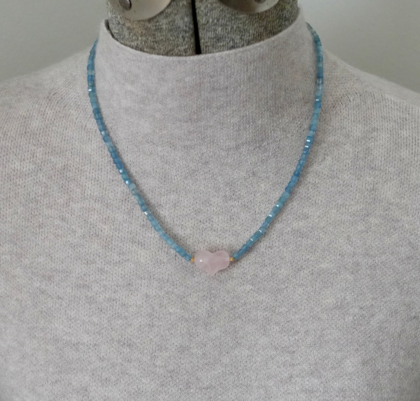Aquamarine and rose quartz heart necklace