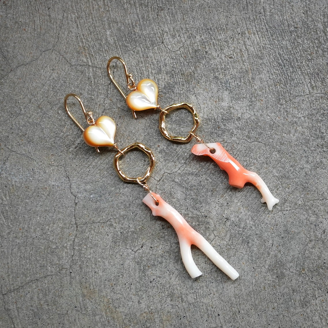 Mother of pearl hearts and Japanese precious color earrings