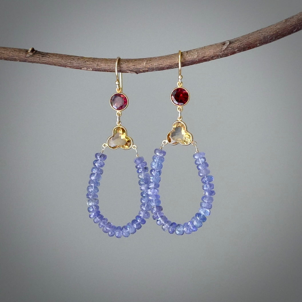 Citrine, garnet and tanzanite earrings