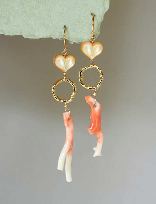 Mother of pearl hearts and Japanese precious color earrings
