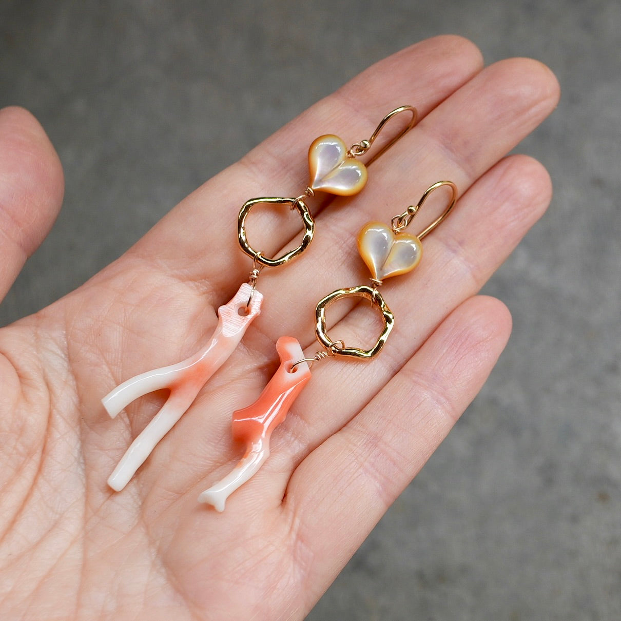 Mother of pearl hearts and Japanese precious color earrings