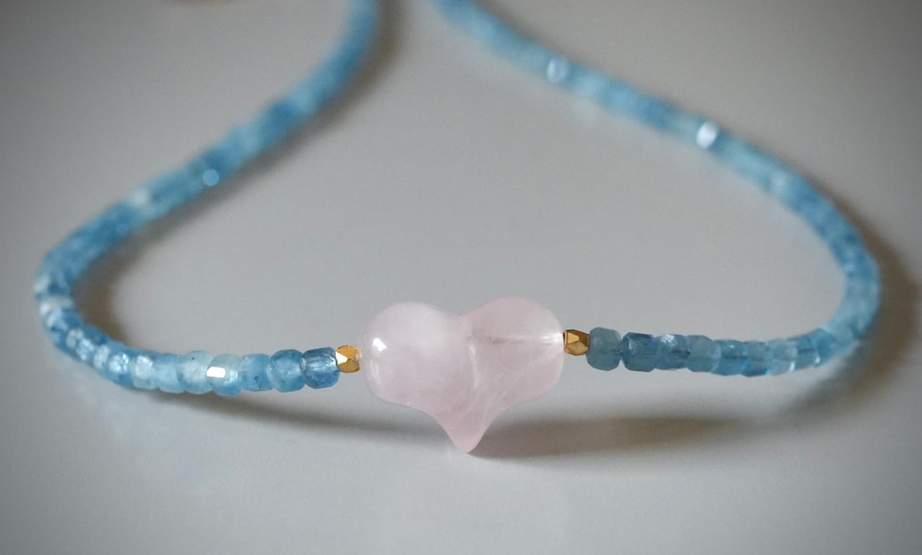 Aquamarine and rose quartz heart necklace