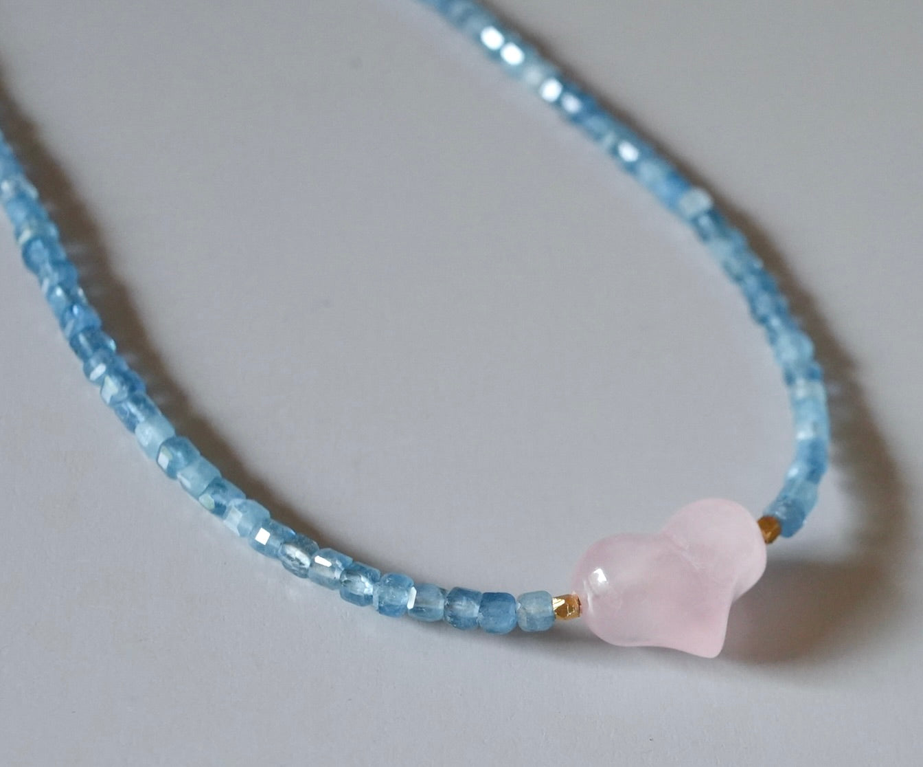 Aquamarine and rose quartz heart necklace