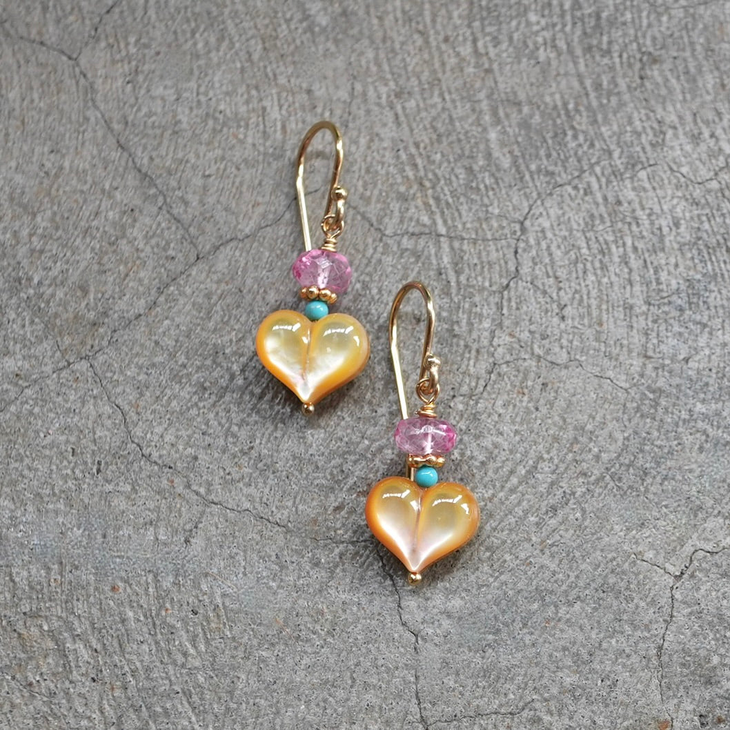 Mother of pearl heart earrings with pink topaz and turquoise