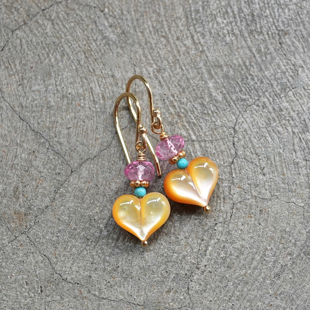 Mother of pearl heart earrings with pink topaz and turquoise