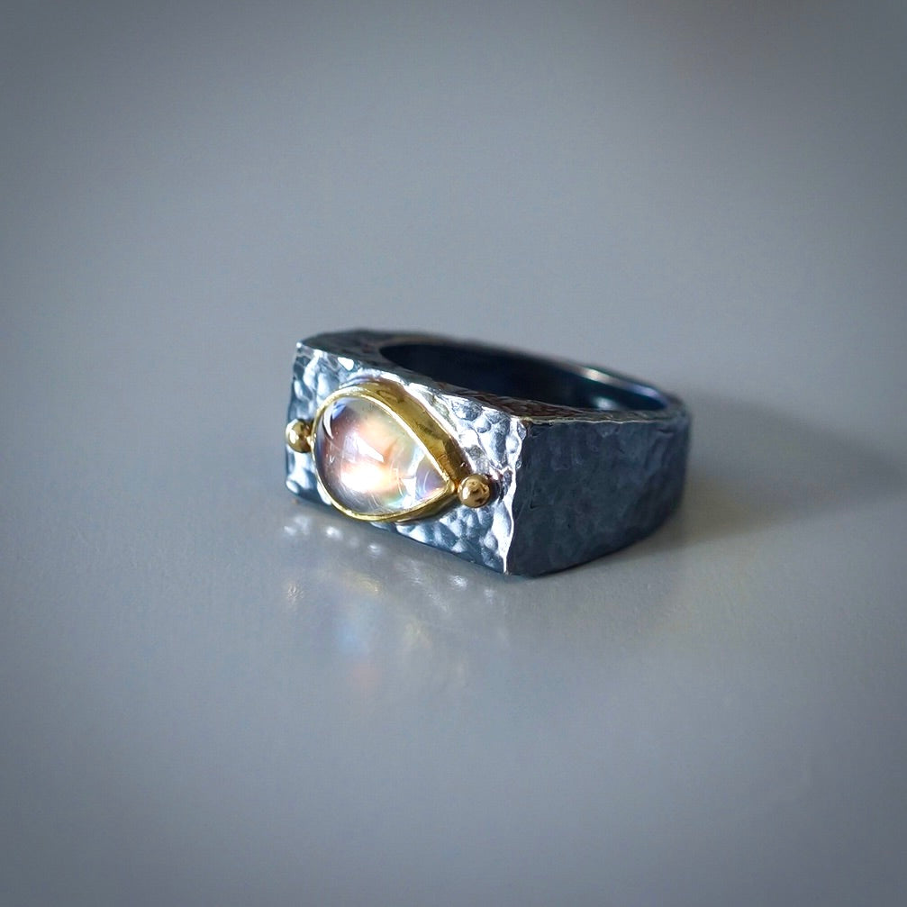 Rainbow moonstone signet ring