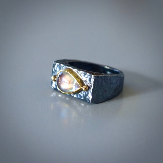 Rainbow moonstone signet ring