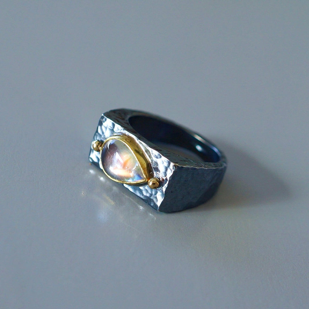 Rainbow moonstone signet ring