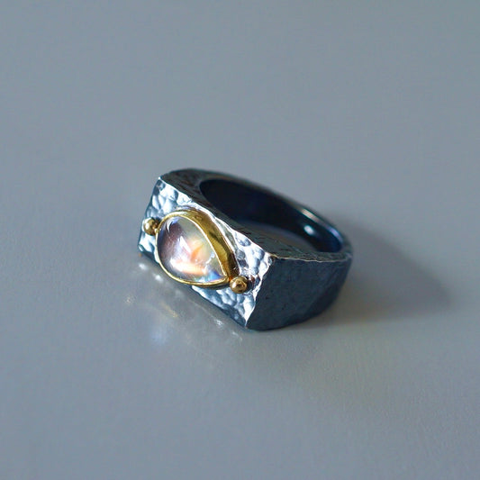 Rainbow moonstone signet ring