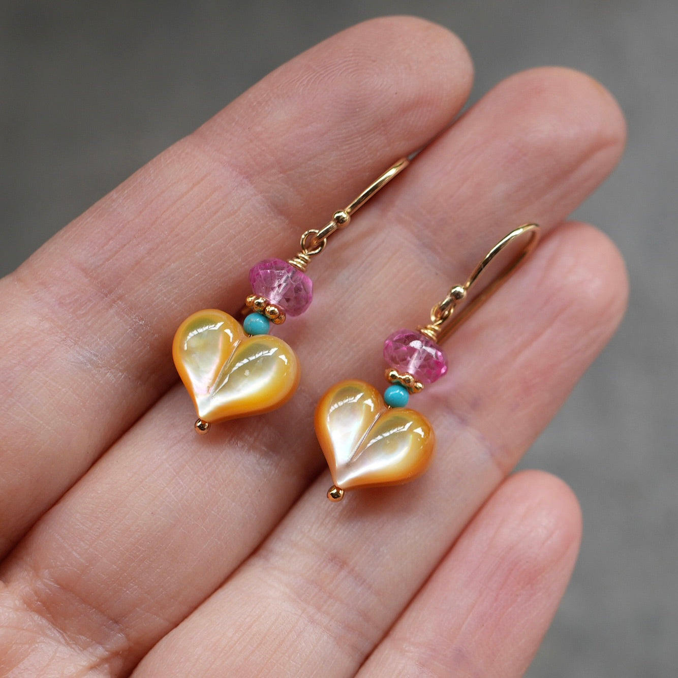 Mother of pearl heart earrings with pink topaz and turquoise