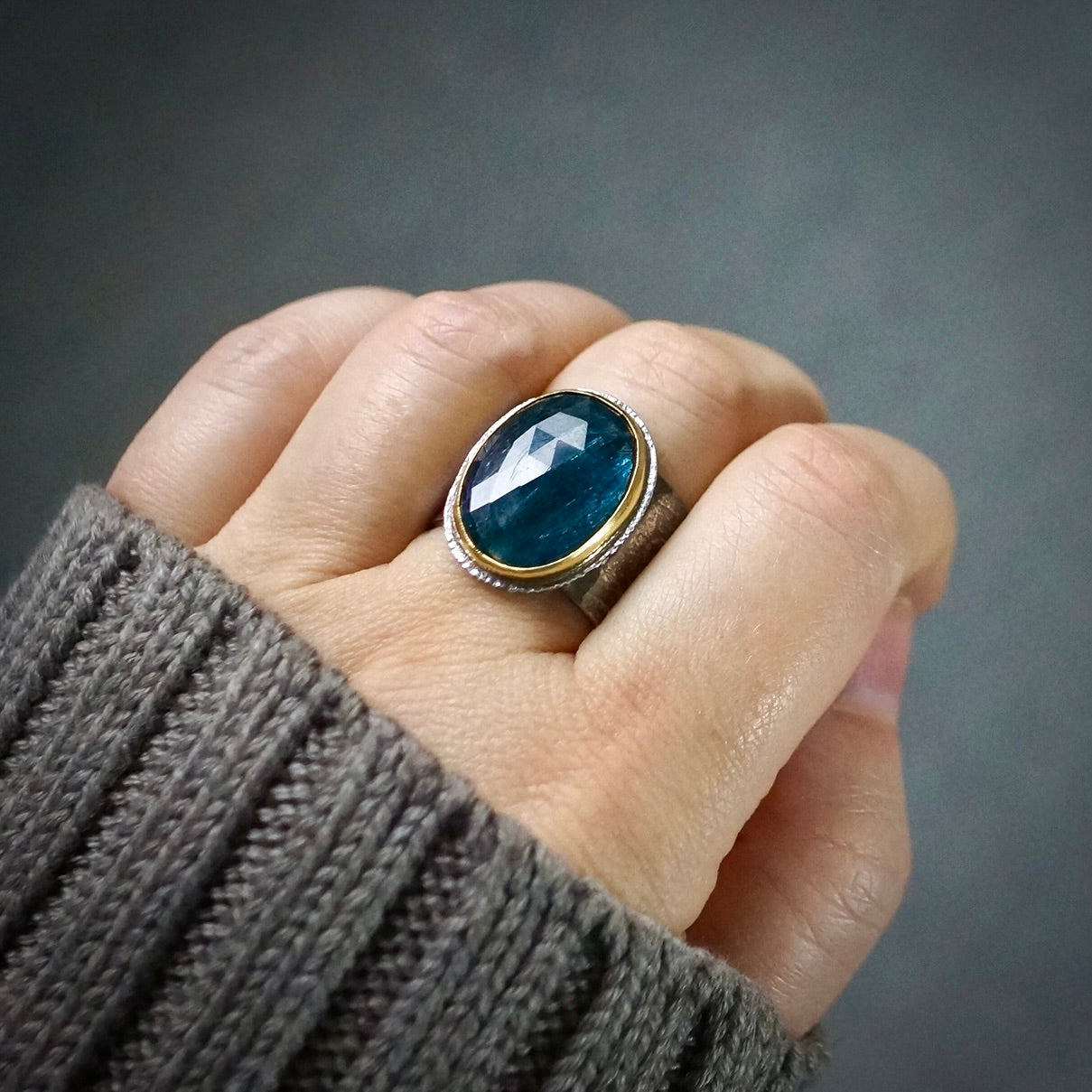 Teal blue kyanite ring