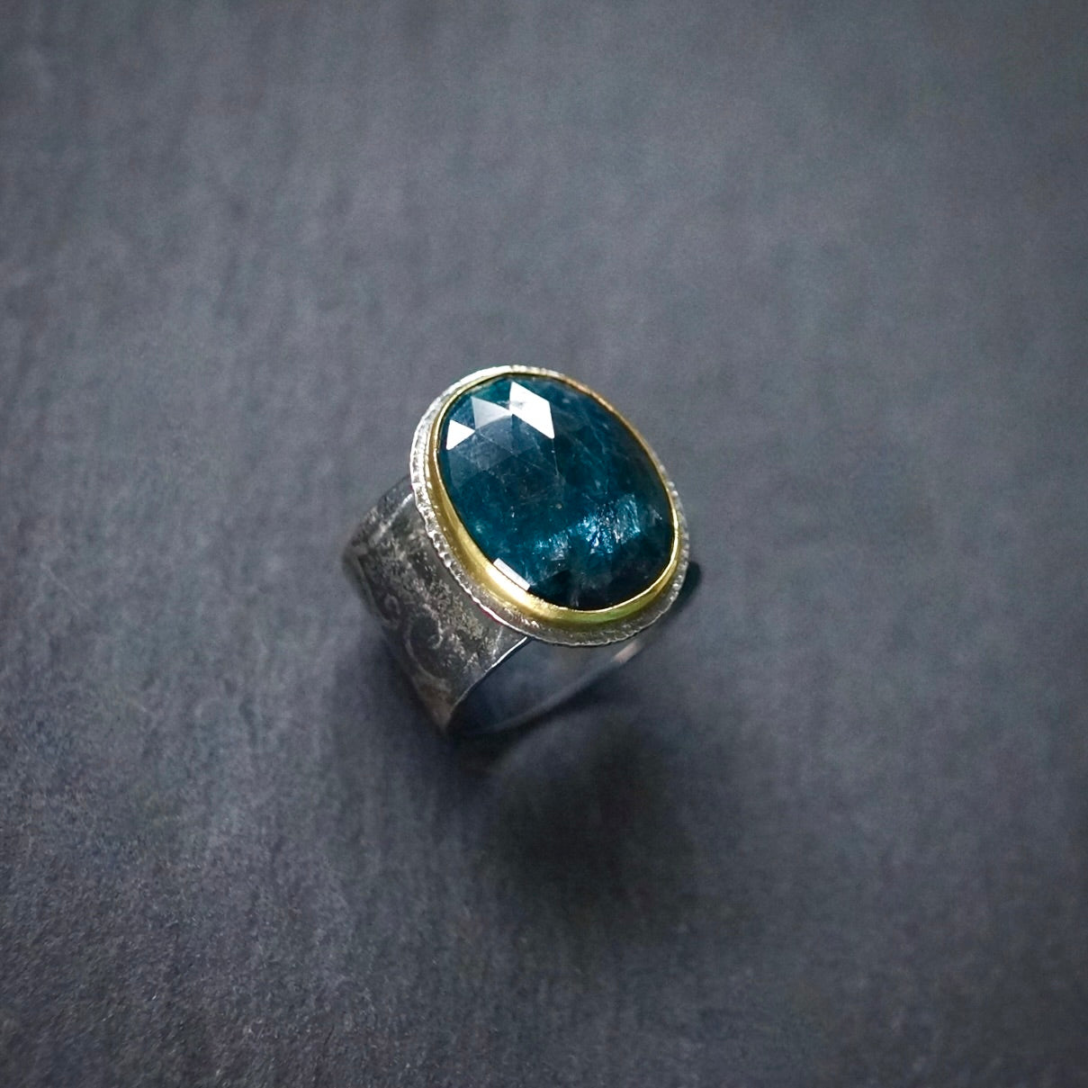 Teal blue kyanite ring