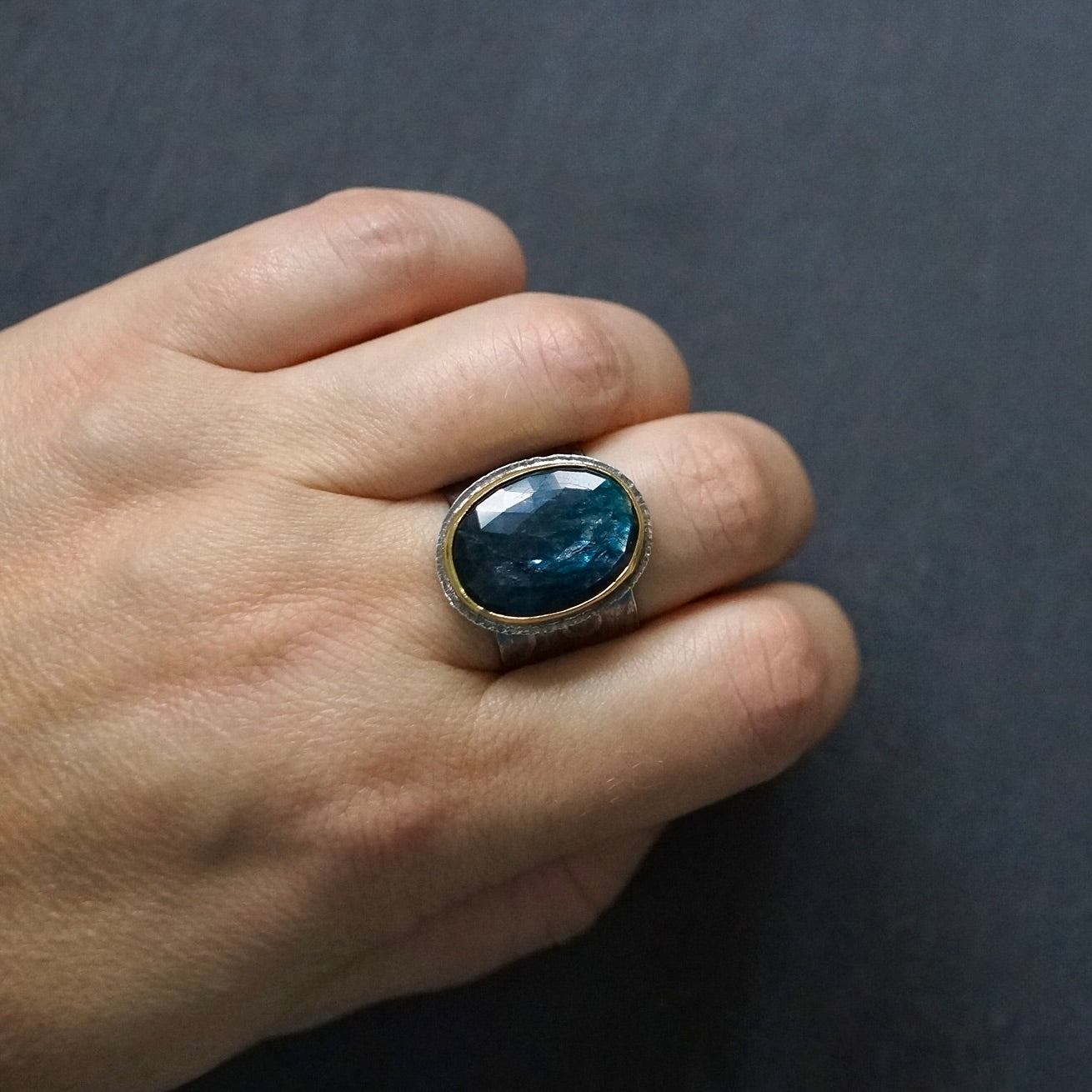 Teal blue kyanite ring