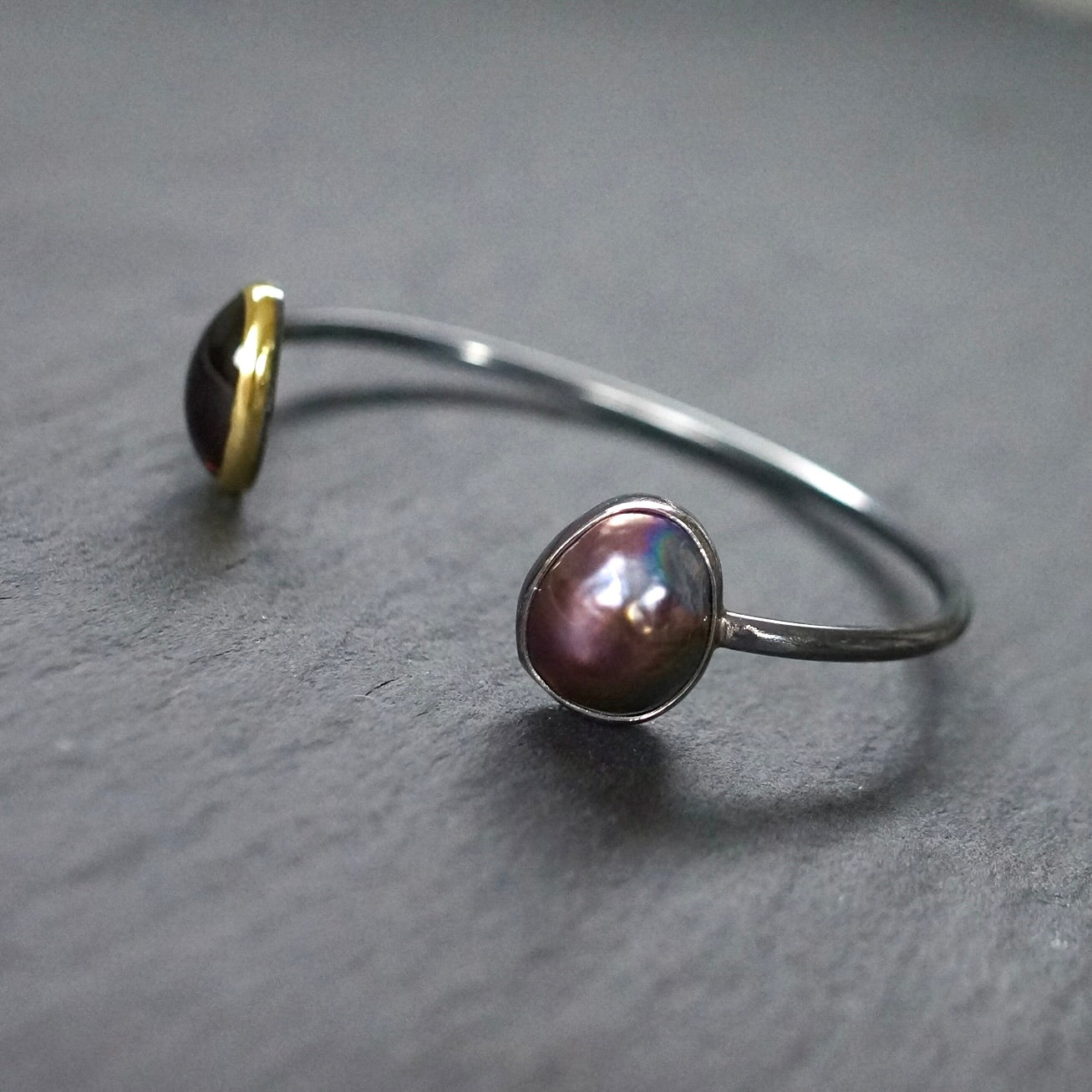 Mabe pearl and garnet cuff bracelet