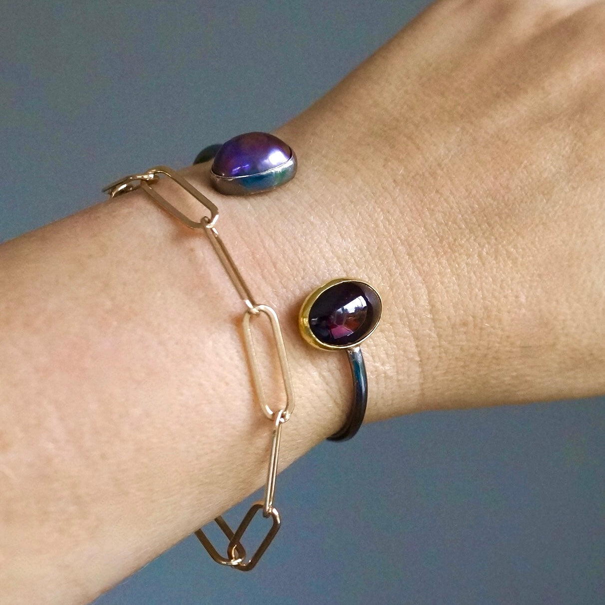 Mabe pearl and garnet cuff bracelet