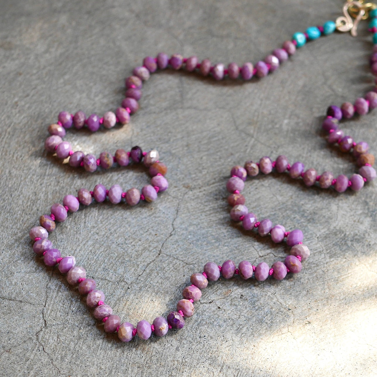 Phosphosiderite and turquoise hand-knotted necklace