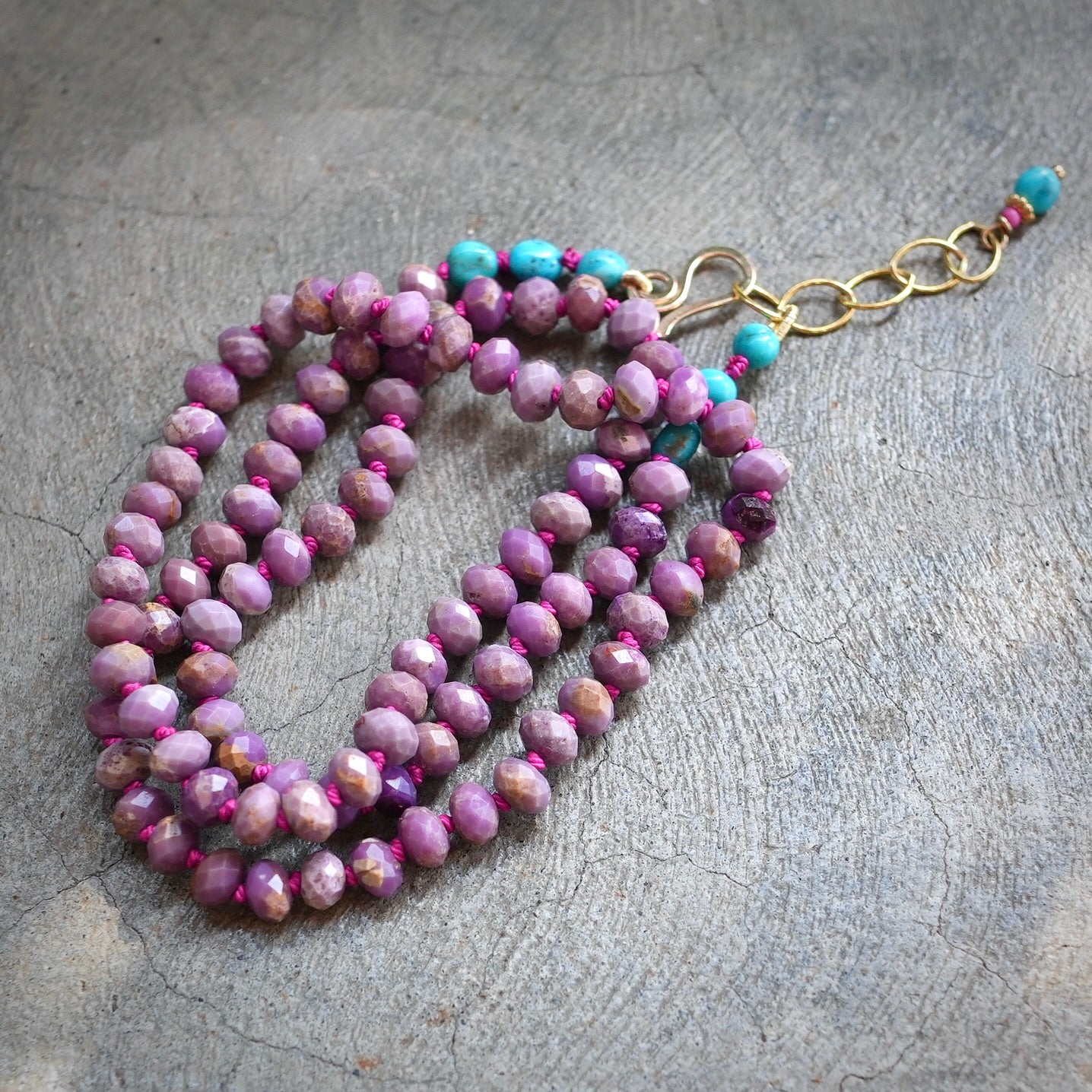 Phosphosiderite and turquoise hand-knotted necklace