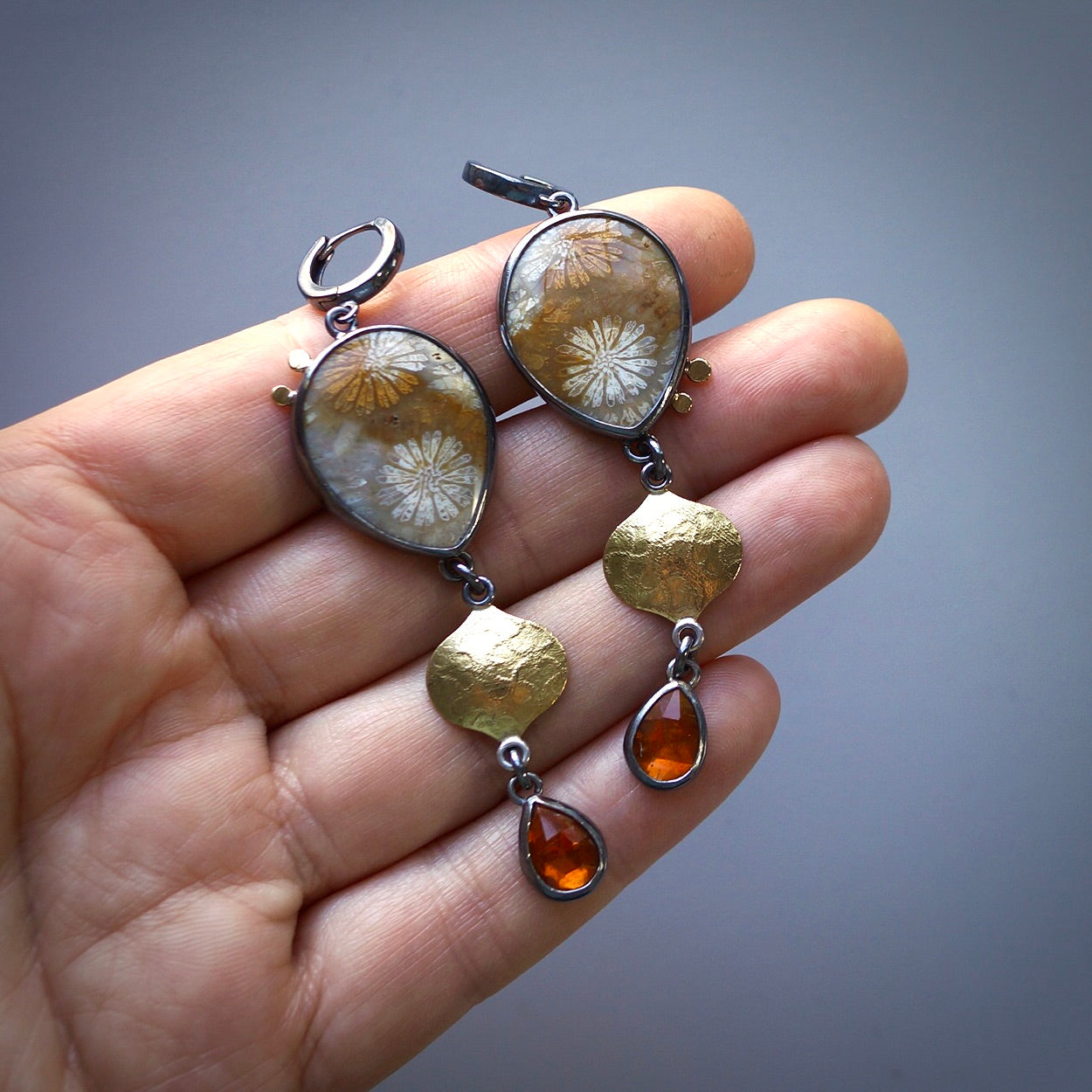 Flowering coral and kyanite earrings