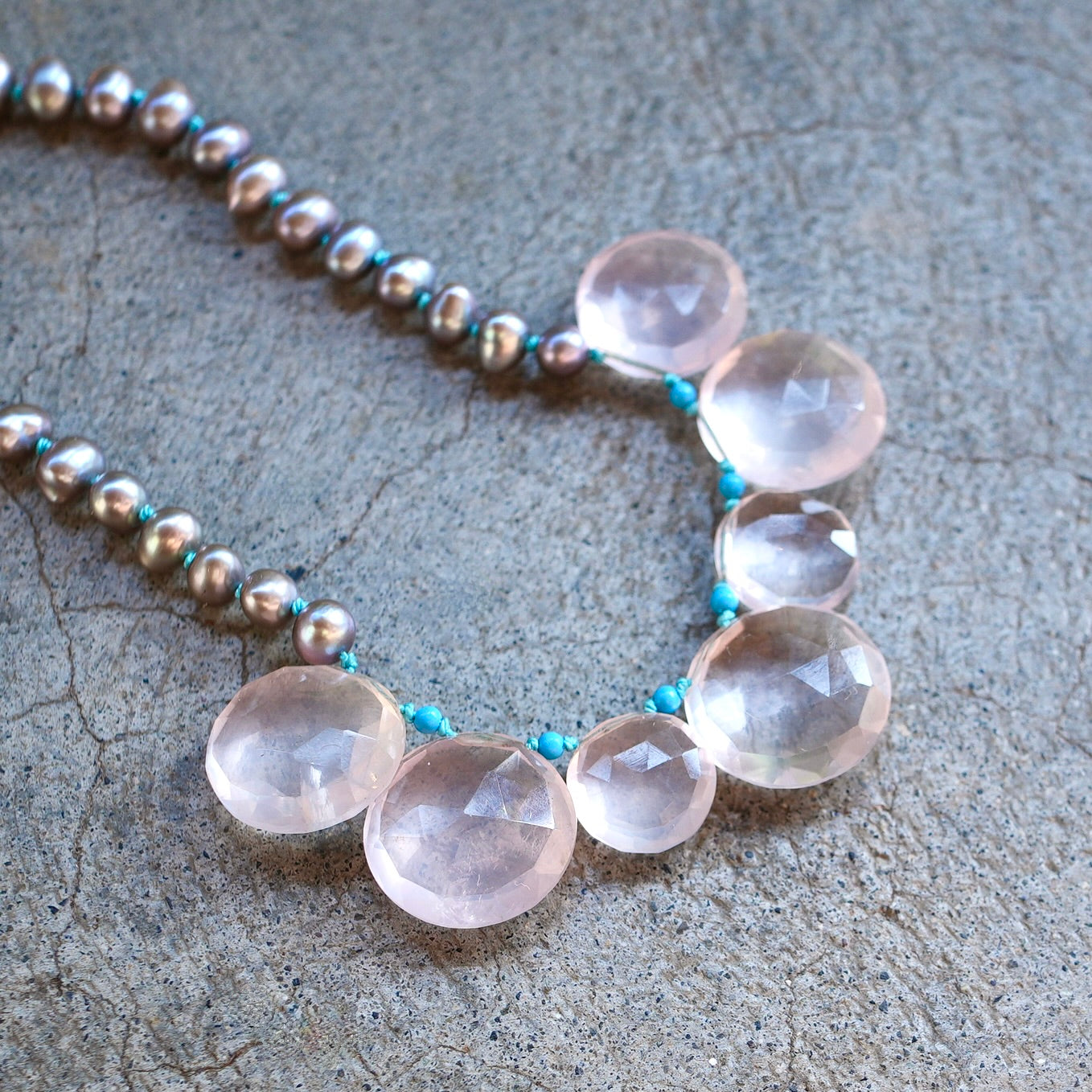 Silver pearl and rose quartz necklace - Pink Bubbles