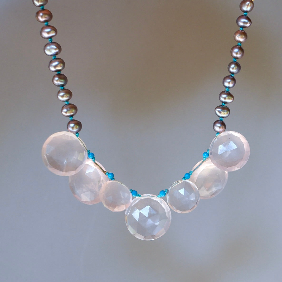 Silver pearl and rose quartz necklace - Pink Bubbles