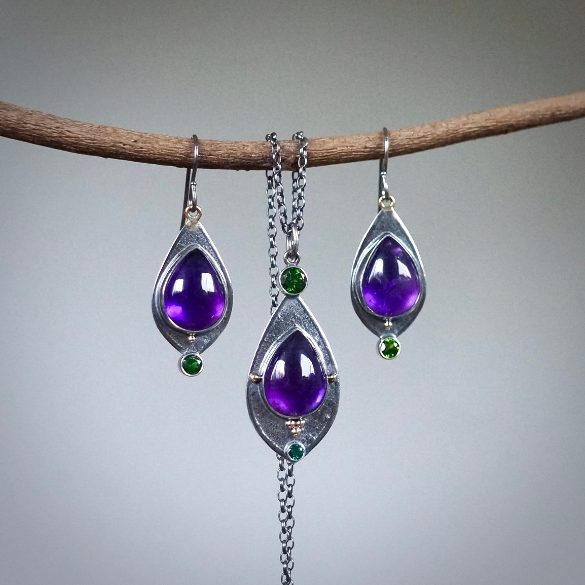 Amethyst and chrome diopside earrings