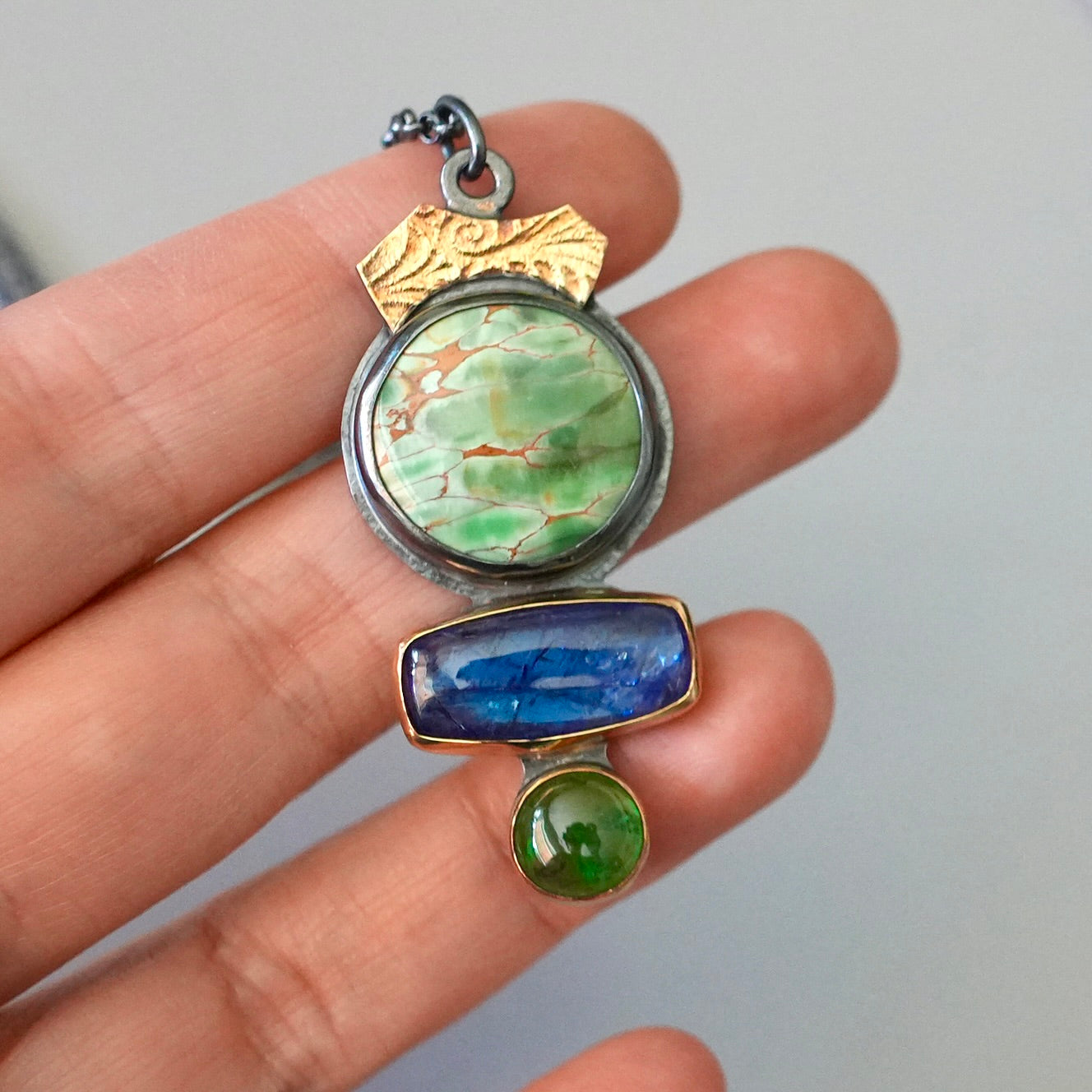 Woodland station Variscite, tanzanite and tsavorite pendant