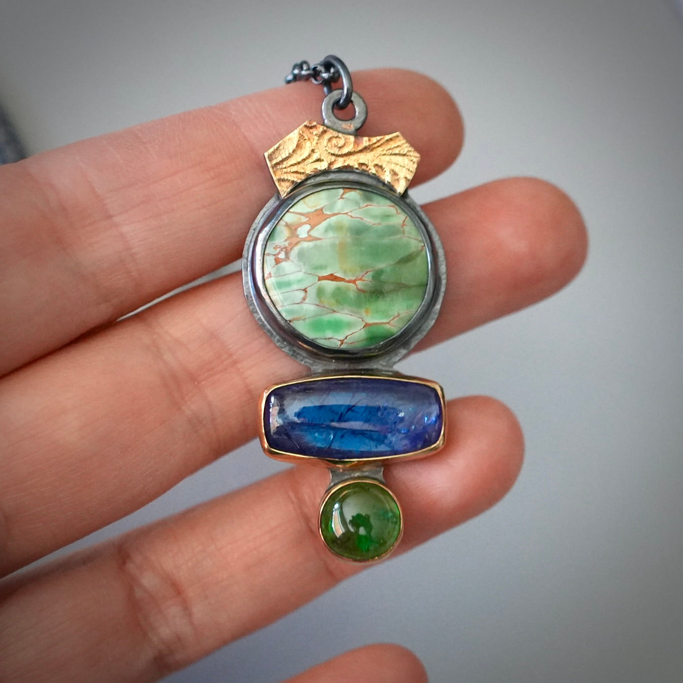 Woodland station Variscite, tanzanite and tsavorite pendant