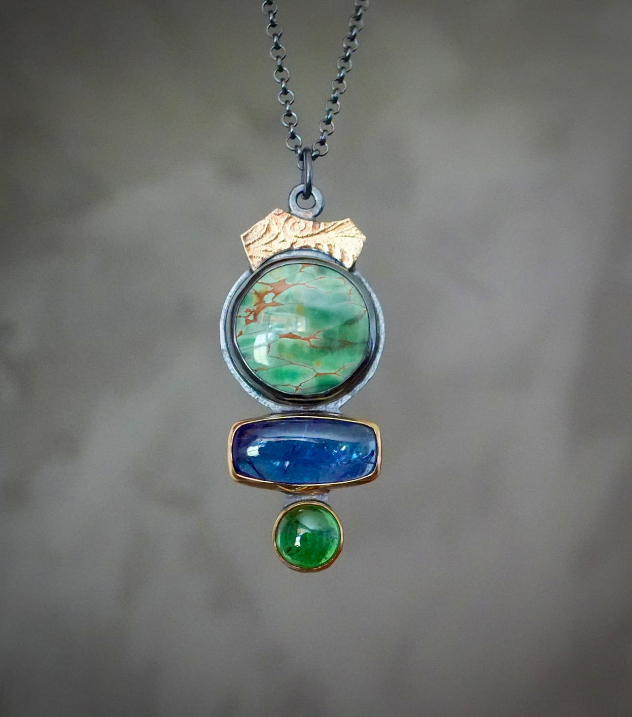 Woodland station Variscite, tanzanite and tsavorite pendant