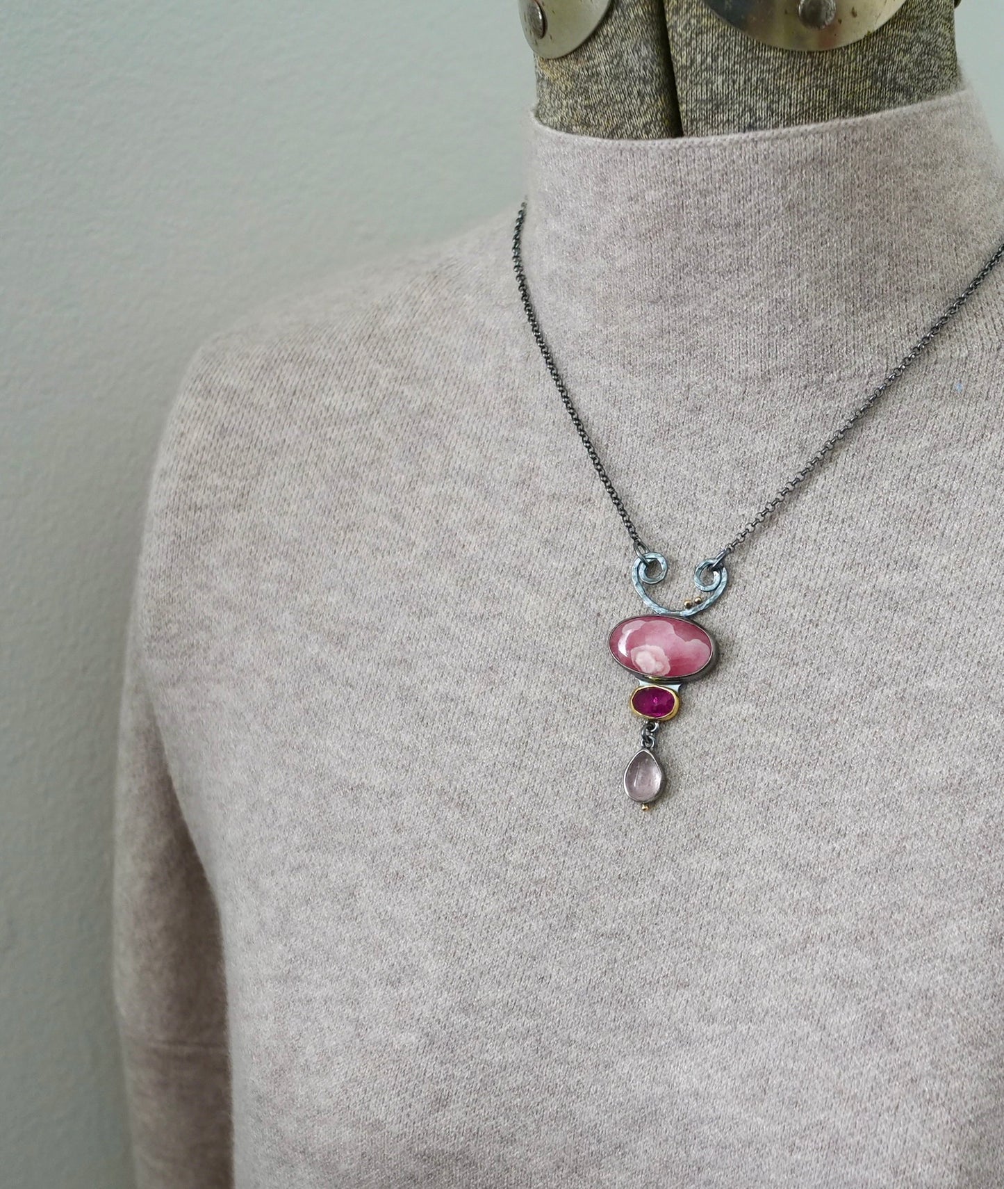 Gemmy rhodochrosite, pink tourmaline and morganite necklace
