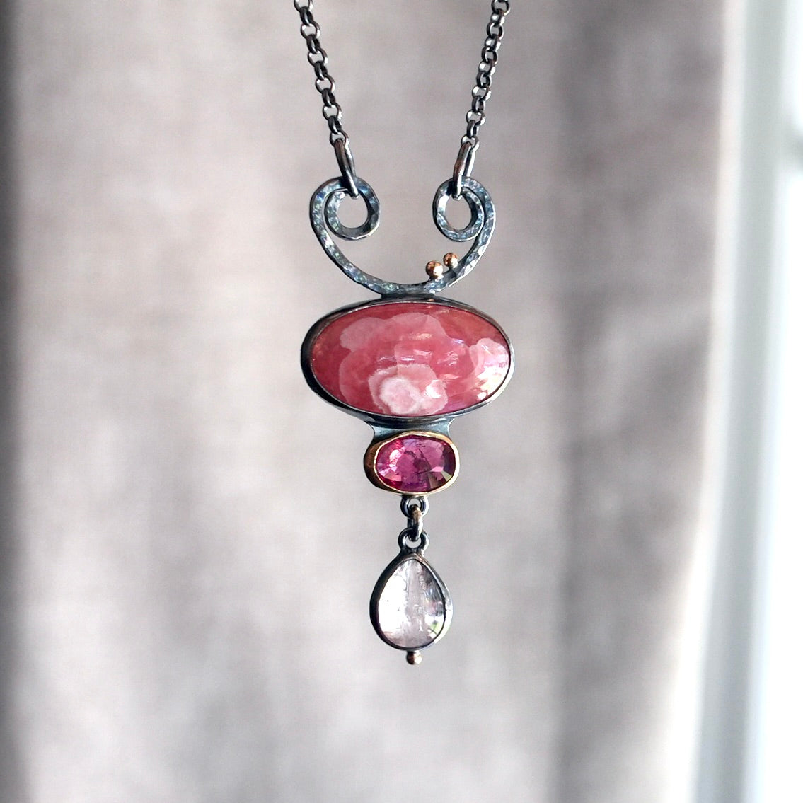 Gemmy rhodochrosite, pink tourmaline and morganite necklace