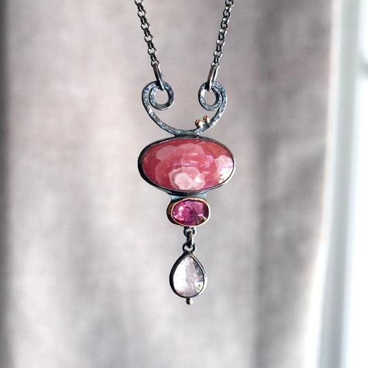 Gemmy rhodochrosite, pink tourmaline and morganite necklace