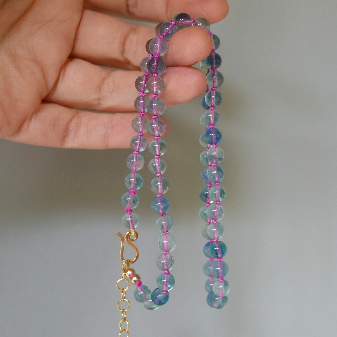Hand-knotted with hot pink silk fluorite necklace