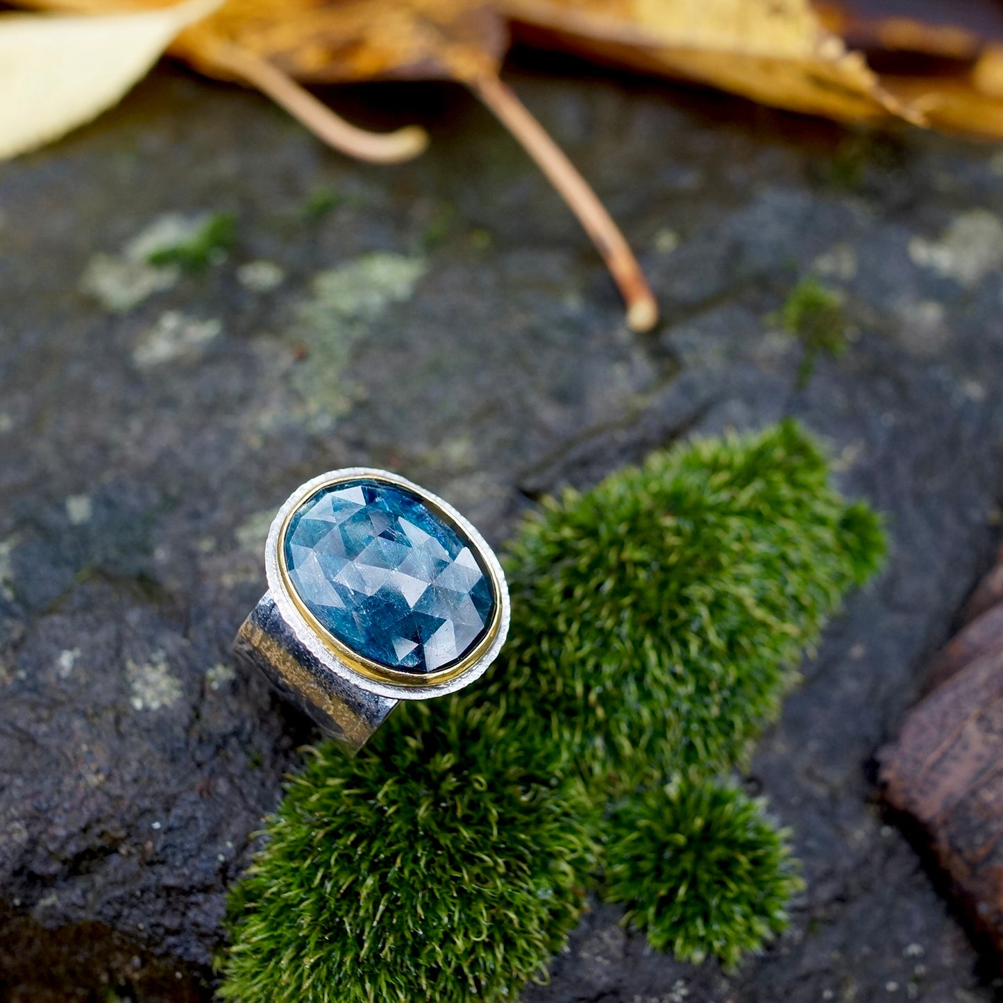 Teal blue kyanite ring