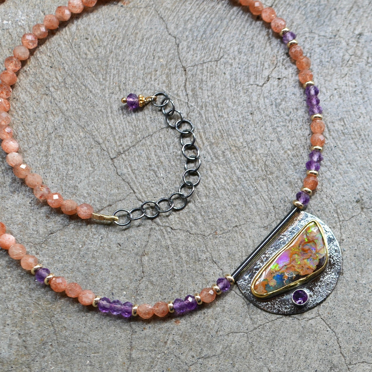 Australian boulder opal, amethyst and sunstone necklace