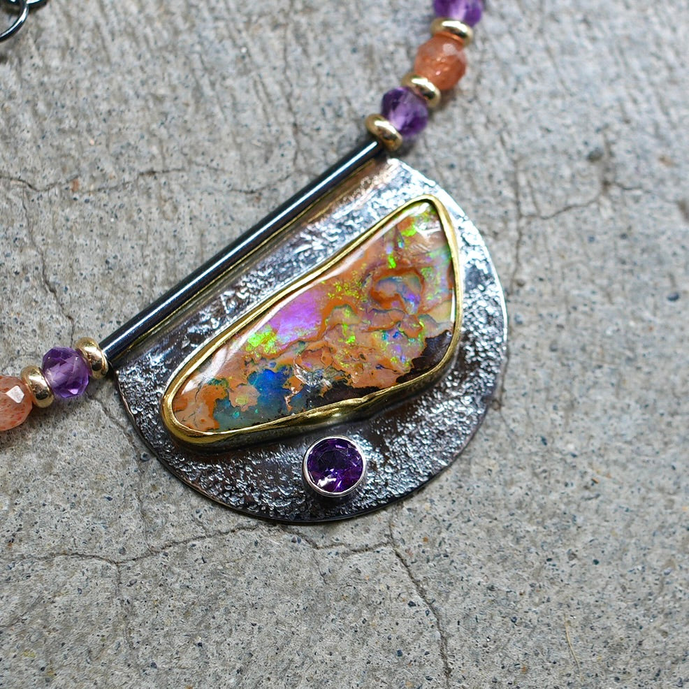 Australian boulder opal, amethyst and sunstone necklace