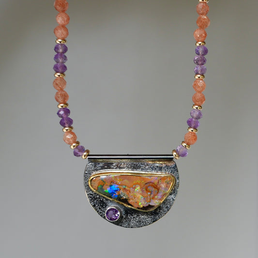Australian boulder opal, amethyst and sunstone necklace
