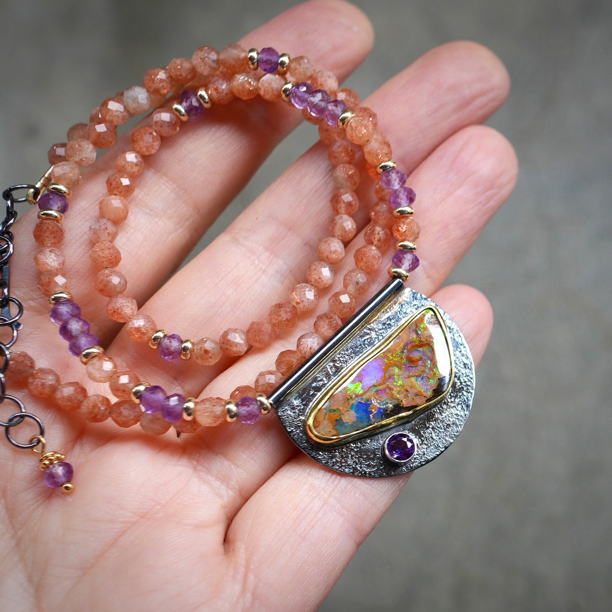 Australian boulder opal, amethyst and sunstone necklace