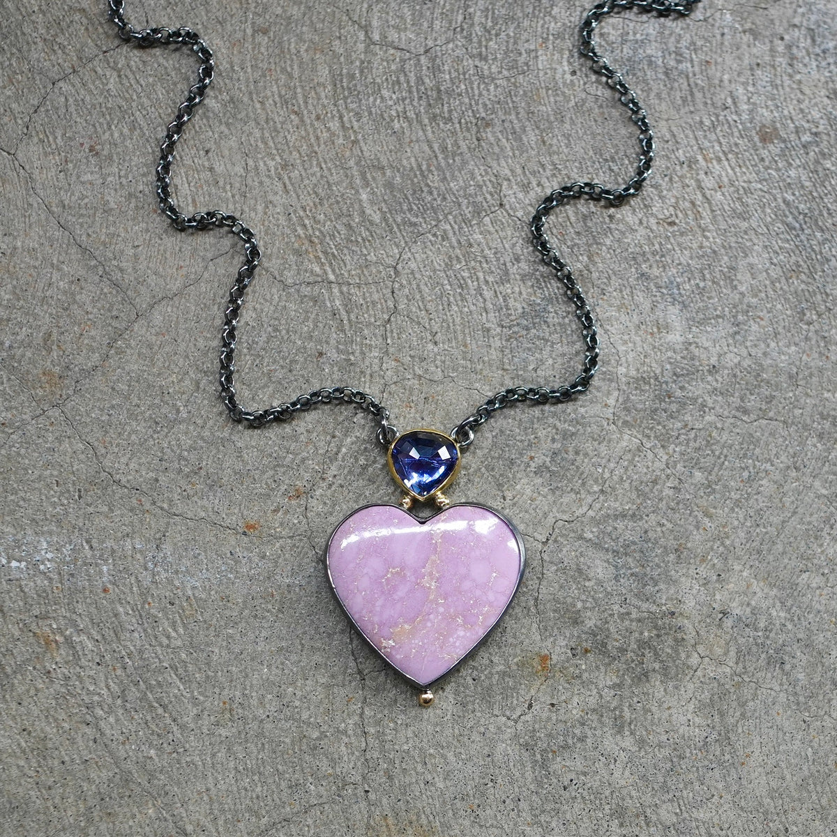 Phosphosiderite heart and iolite pendant