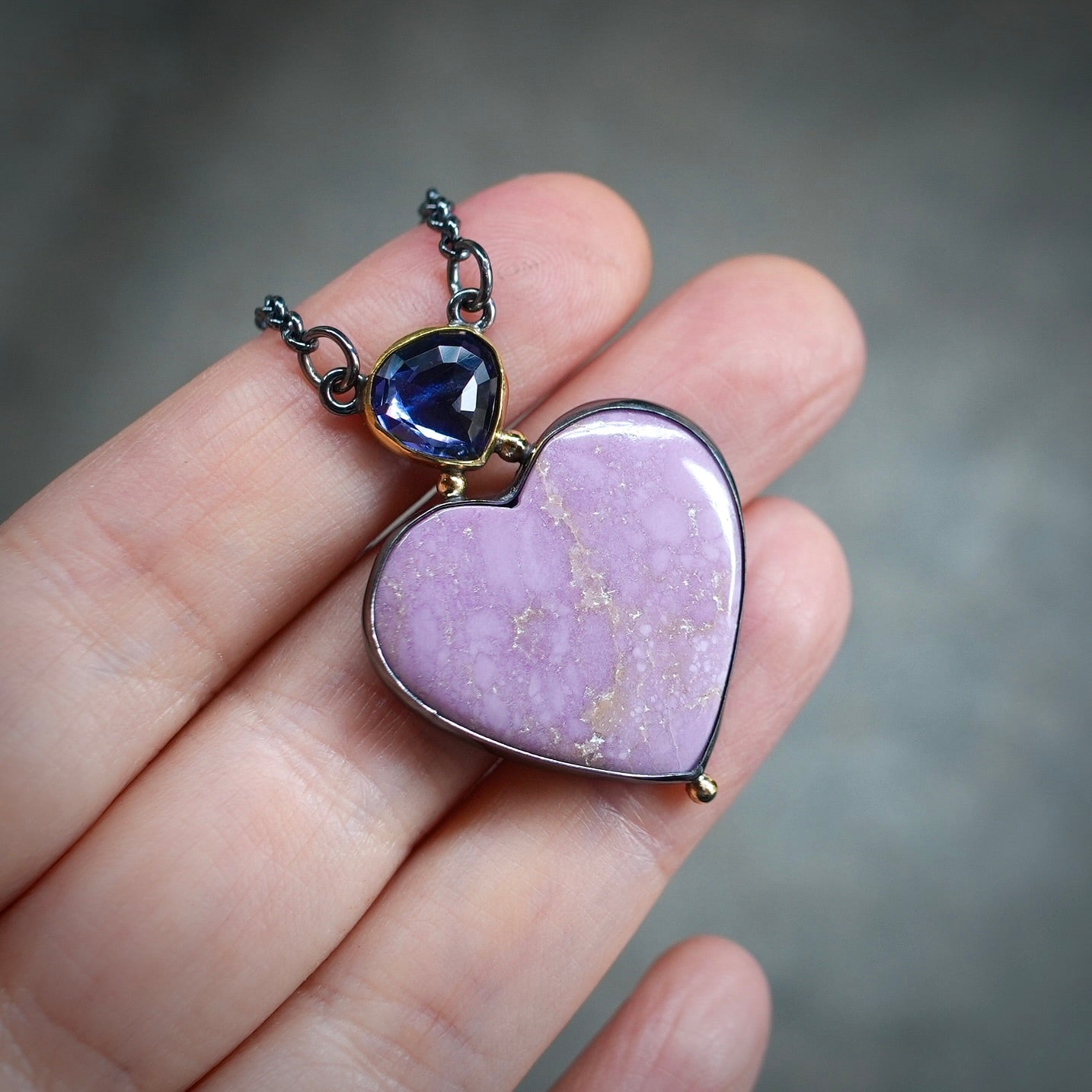Phosphosiderite heart and iolite pendant