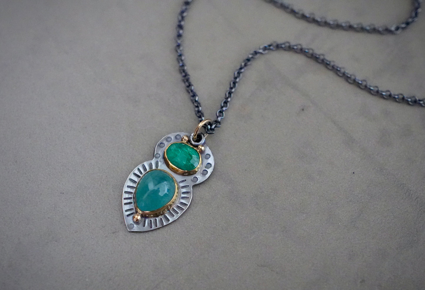 Natural emerald and grandidierite pendant