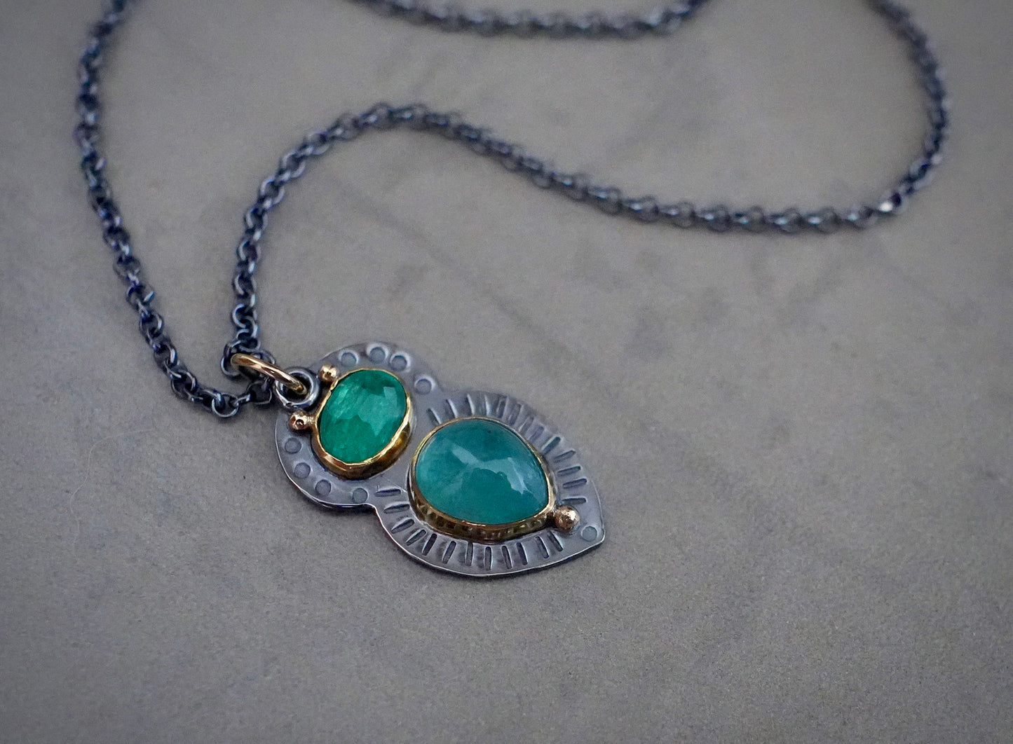 Natural emerald and grandidierite pendant