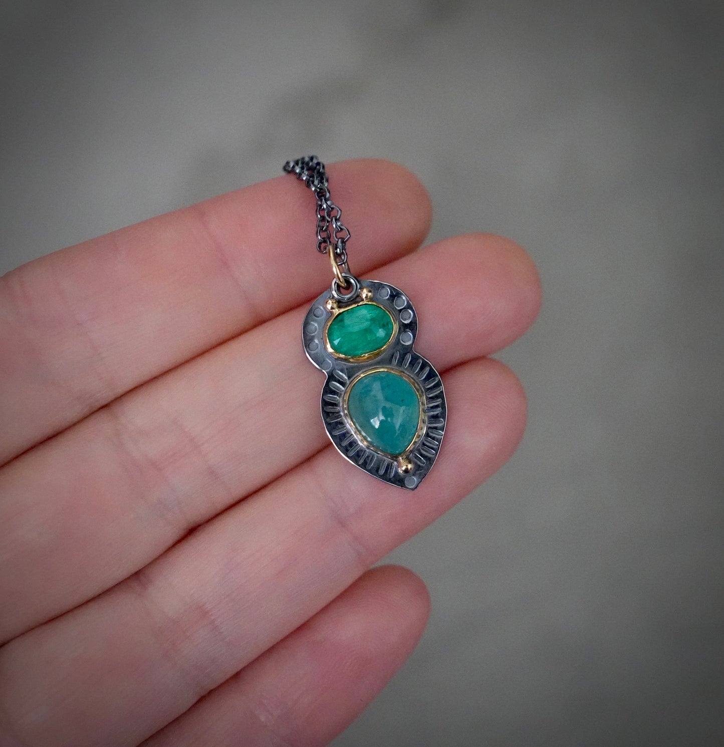 Natural emerald and grandidierite pendant
