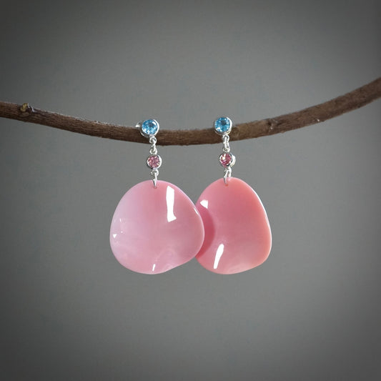 Topaz, pink tourmaline and conch shell earrings