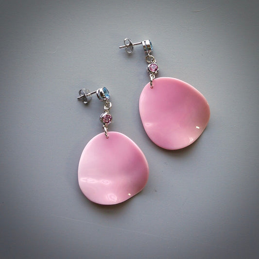 Topaz, pink tourmaline and conch shell earrings